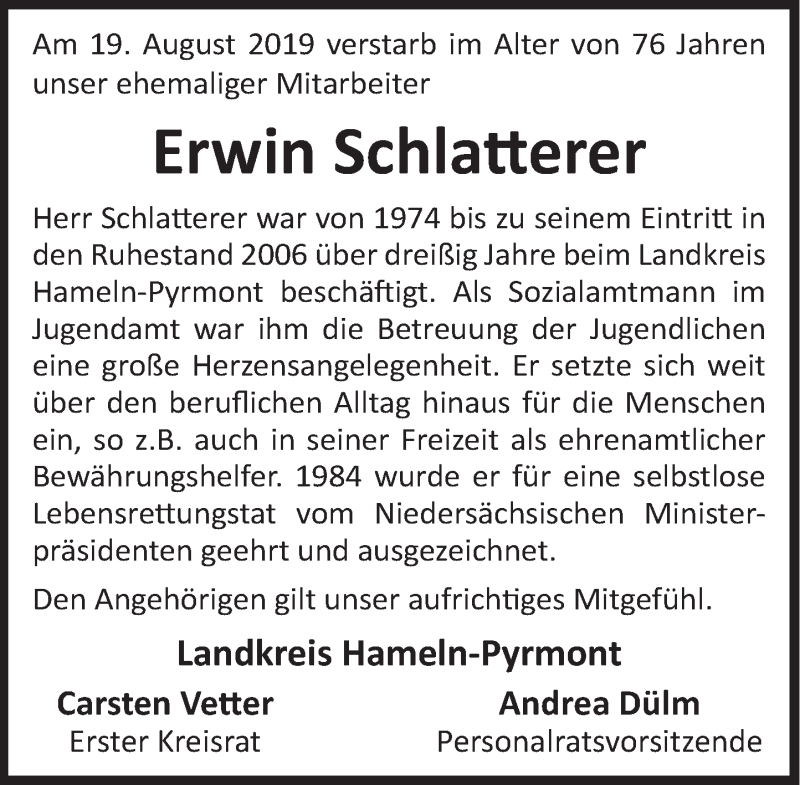  Traueranzeige für Erwin Schlatterer vom 24.08.2019 aus Deister- und Weserzeitung