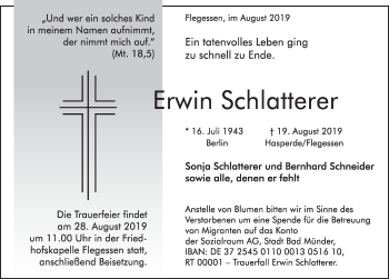 Traueranzeige von Erwin Schlatterer von Neue Deister-Zeitung