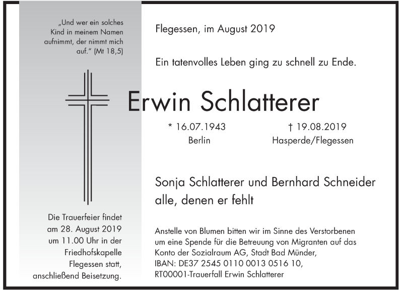  Traueranzeige für Erwin Schlatterer vom 21.08.2019 aus Deister- und Weserzeitung