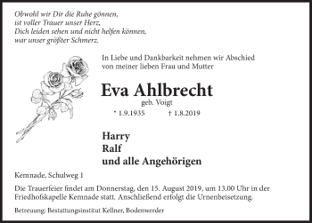 Traueranzeige von Eva Ahlbrecht von Deister- und Weserzeitung