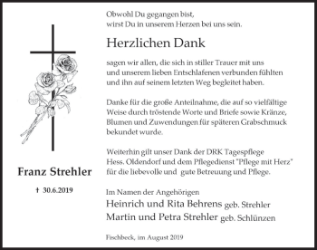 Traueranzeige von Franz Strehler von Deister- und Weserzeitung
