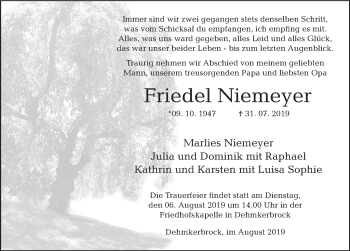 Traueranzeige von Friedel Niemeyer von Deister- und Weserzeitung