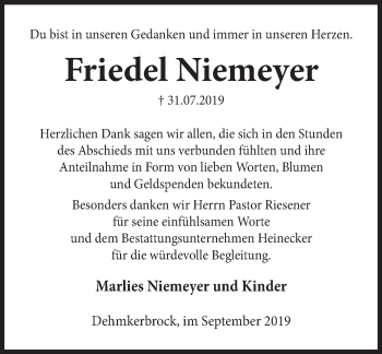 Traueranzeige von Friedel Niemeyer von Deister- und Weserzeitung