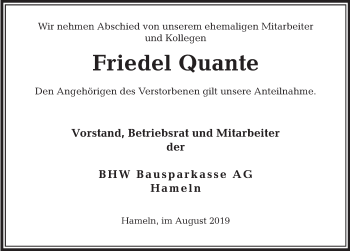 Traueranzeige von Friedel Quante von Deister- und Weserzeitung
