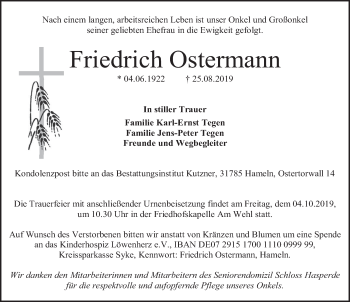 Traueranzeige von Friedrich Ostermann von Deister- und Weserzeitung
