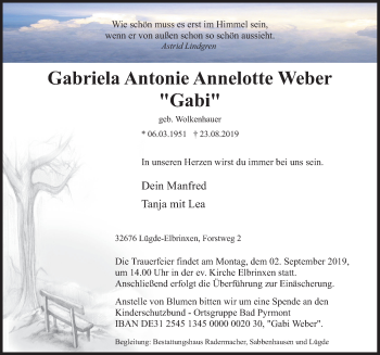 Traueranzeige von Gabriela Antonie Annelotte Weber von Deister- und Weserzeitung