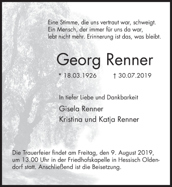 Traueranzeige von Georg Renner von Deister- und Weserzeitung