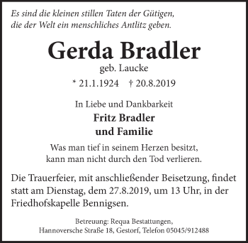 Traueranzeige von Gerda Bradler von Neue Deister-Zeitung