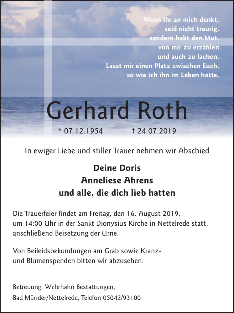  Traueranzeige für Gerhard Roth vom 10.08.2019 aus Neue Deister-Zeitung