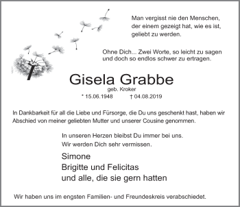 Traueranzeige von Gisela Grabbe von Deister- und Weserzeitung