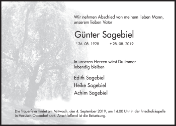 Traueranzeige von Günter Sagebiel von Deister- und Weserzeitung