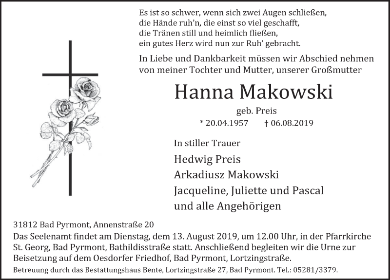  Traueranzeige für Hanna Makowski vom 10.08.2019 aus Deister- und Weserzeitung