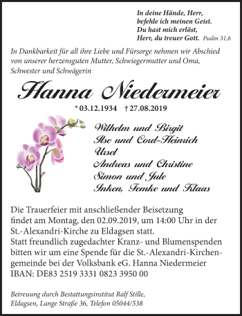 Traueranzeige von Hanna Niedermeier von Neue Deister-Zeitung