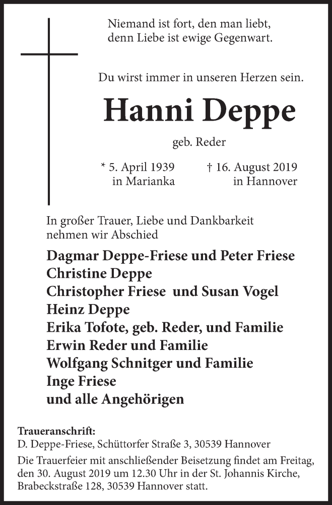  Traueranzeige für Hanni Deppe vom 24.08.2019 aus Deister- und Weserzeitung