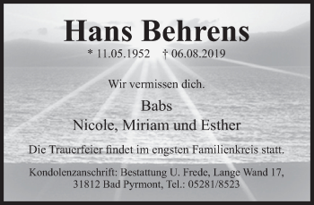 Traueranzeige von Hans Behrens von Deister- und Weserzeitung