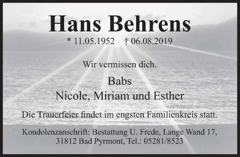  Traueranzeige für Hans Behrens vom 10.08.2019 aus Deister- und Weserzeitung