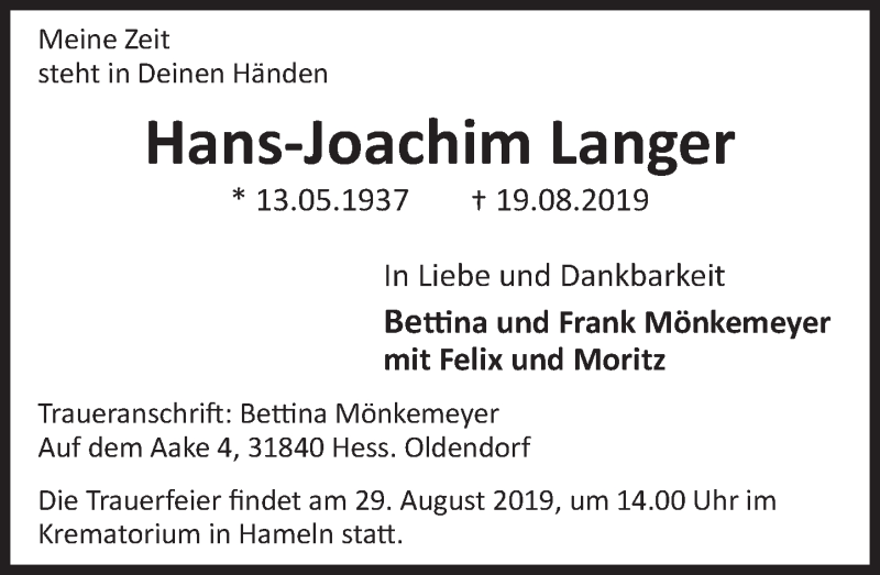  Traueranzeige für Hans-Joachim Langer vom 24.08.2019 aus Deister- und Weserzeitung