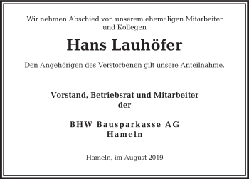 Traueranzeige von Hans Lauhöfer von Deister- und Weserzeitung