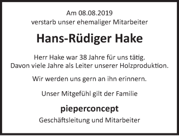 Traueranzeige von Hans-Rüdiger Hake von Deister- und Weserzeitung