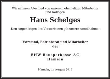 Traueranzeige von Hans Schelges von Deister- und Weserzeitung