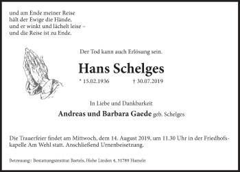 Traueranzeige von Hans Schelges von Deister- und Weserzeitung
