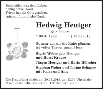 Traueranzeige von Hedwig Heutger von Deister- und Weserzeitung