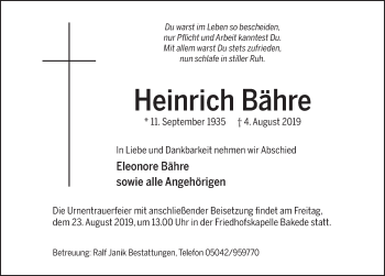 Traueranzeige von Heinrich Bähre von Neue Deister-Zeitung