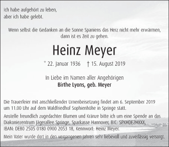 Traueranzeige von Heinz Meyer von Neue Deister-Zeitung