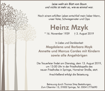 Traueranzeige von Heinz Mzyk von Neue Deister-Zeitung