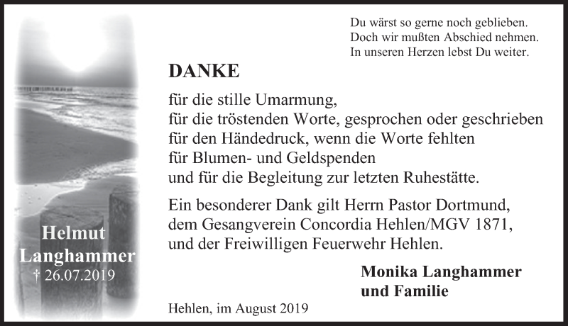  Traueranzeige für Helmut Langhammer vom 31.08.2019 aus Deister- und Weserzeitung