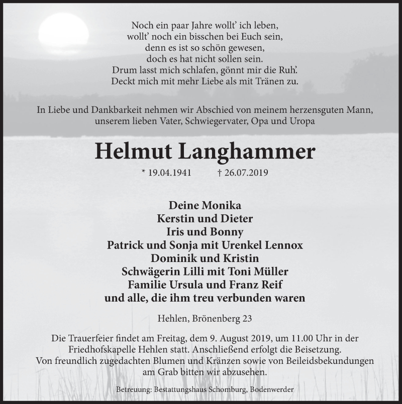  Traueranzeige für Helmut Langhammer vom 03.08.2019 aus Deister- und Weserzeitung