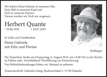 Traueranzeige von Herbert Quante von Deister- und Weserzeitung