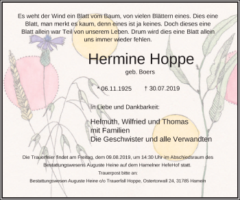Traueranzeige von Hermine Hoppe von Deister- und Weserzeitung