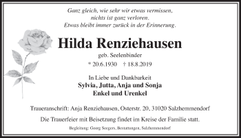 Traueranzeige von Hilda Renziehausen von Deister- und Weserzeitung