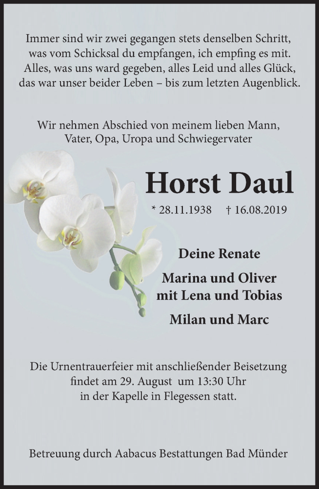  Traueranzeige für Horst Daul vom 24.08.2019 aus Deister- und Weserzeitung