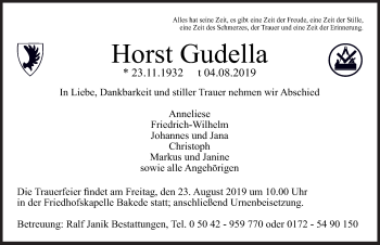 Traueranzeige von Horst Gudella von Neue Deister-Zeitung