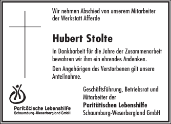 Traueranzeige von Hubert Stolte von Deister- und Weserzeitung