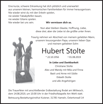 Traueranzeige von Hubert Stolte von Deister- und Weserzeitung