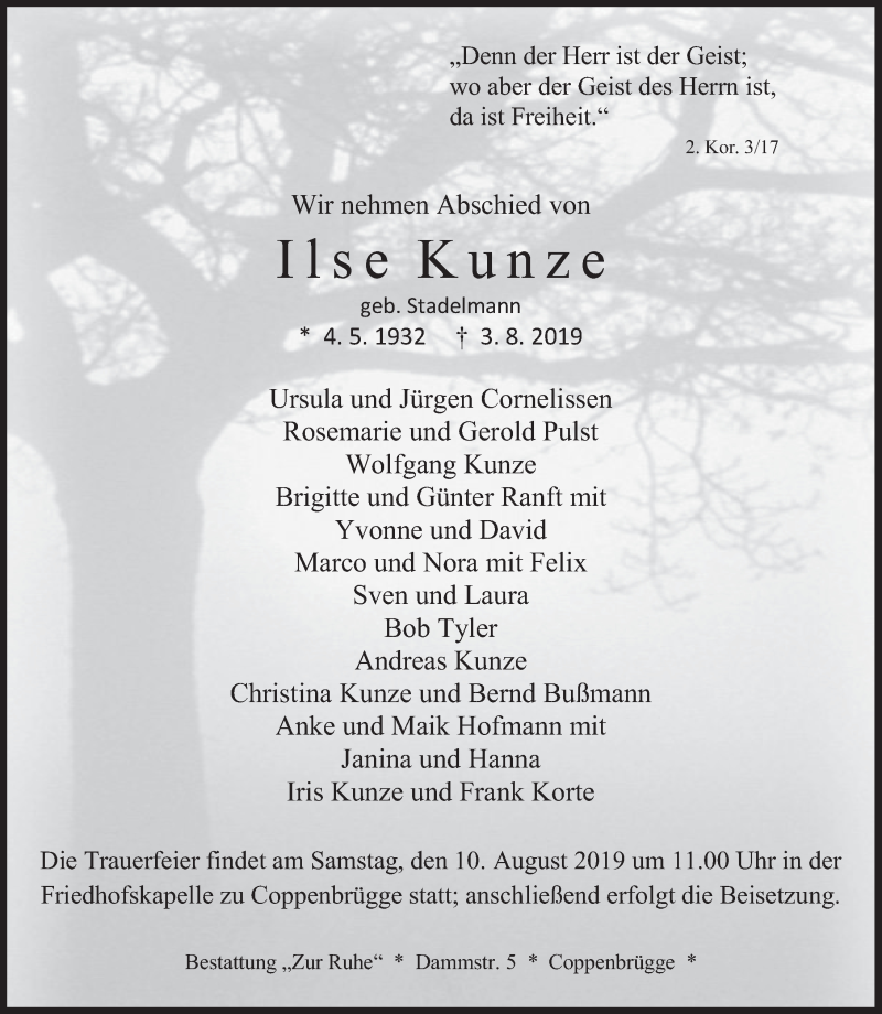  Traueranzeige für Ilse Kunze vom 07.08.2019 aus Deister- und Weserzeitung