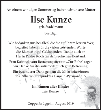Traueranzeige von Ilse Kunze von Deister- und Weserzeitung
