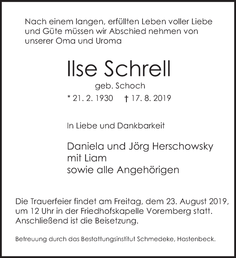  Traueranzeige für Ilse Schrell vom 20.08.2019 aus Deister- und Weserzeitung