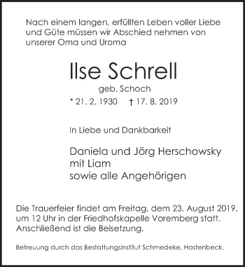Traueranzeige von Ilse Schrell von Deister- und Weserzeitung