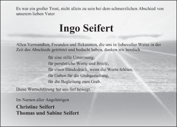 Traueranzeige von Ingo Seifert von Deister- und Weserzeitung