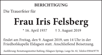 Traueranzeige von Iris Felsberg von Neue Deister-Zeitung