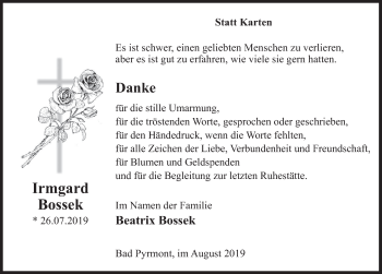 Traueranzeige von Irmgard Bossek von Deister- und Weserzeitung