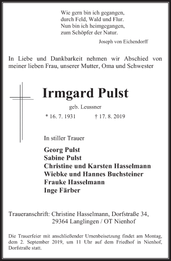Traueranzeige von Irmgard Pulst von Deister- und Weserzeitung