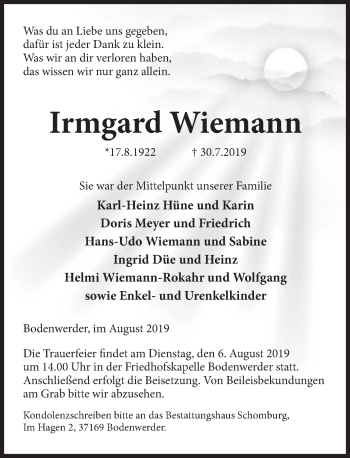 Traueranzeige von Irmgard Wiemann von Deister- und Weserzeitung