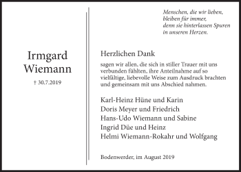 Traueranzeige von Irmgard Wiemann von Deister- und Weserzeitung