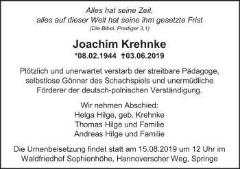 Traueranzeige von Joachim Krehnke von Neue Deister-Zeitung