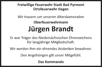 Traueranzeige von Jürgen Brandt von Deister- und Weserzeitung